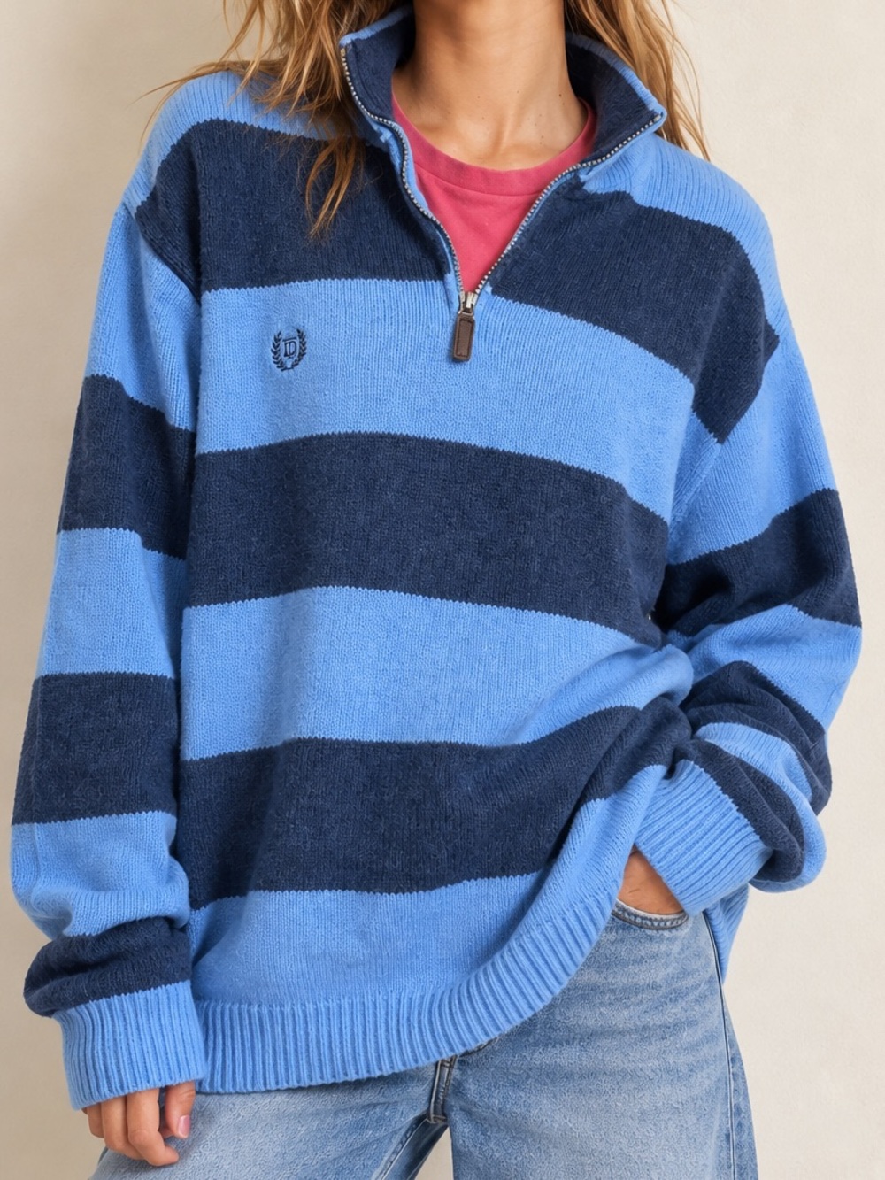 Vtg Men’s Chaps Ralph Lauren Blue Stripe 1/4 Zip Neck Pullover Preppy Sweater XL